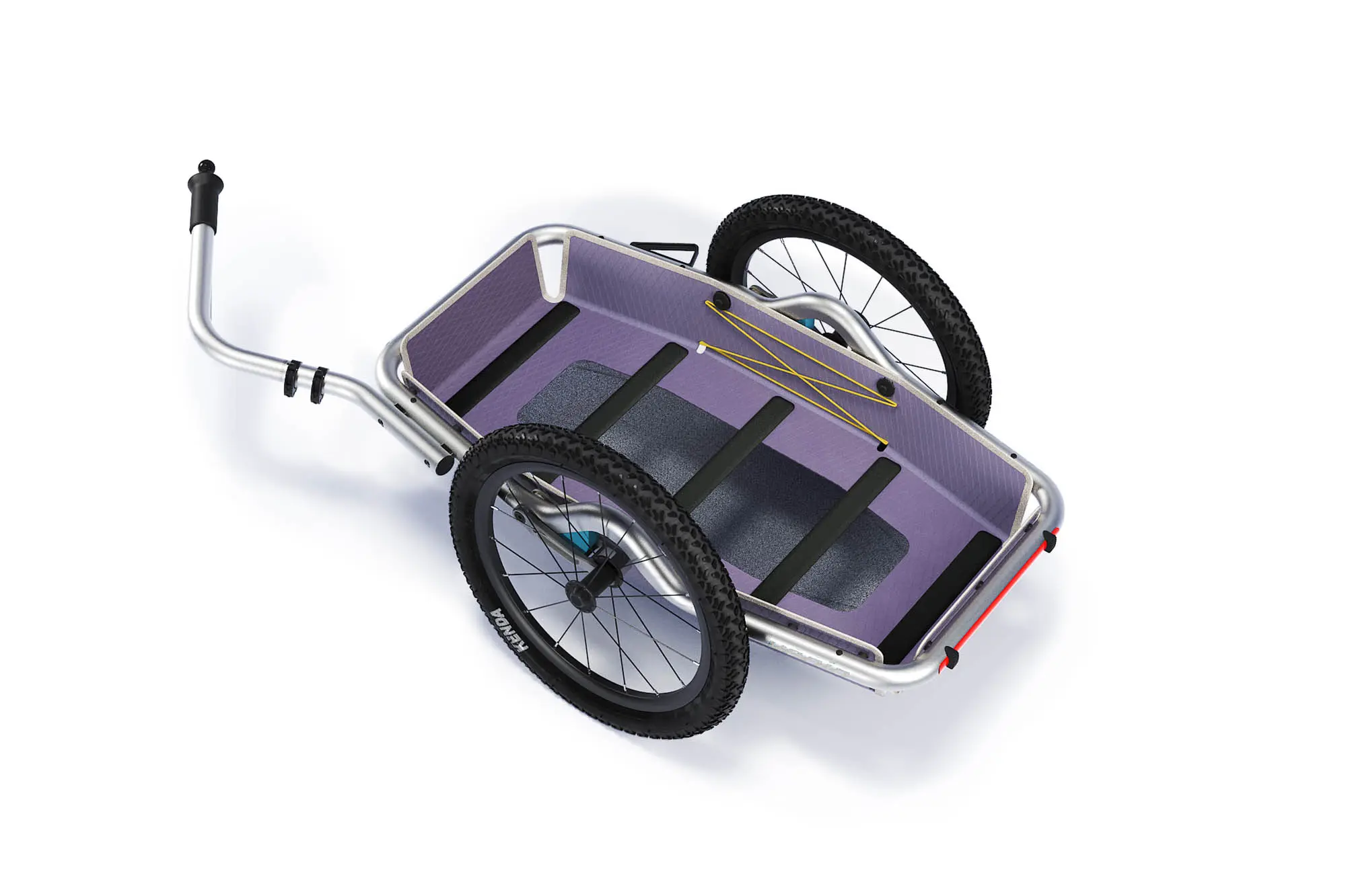 La remorque Veolo Bike Trailer 2.0 attachée à un vélo, vue de trois quarts arrière