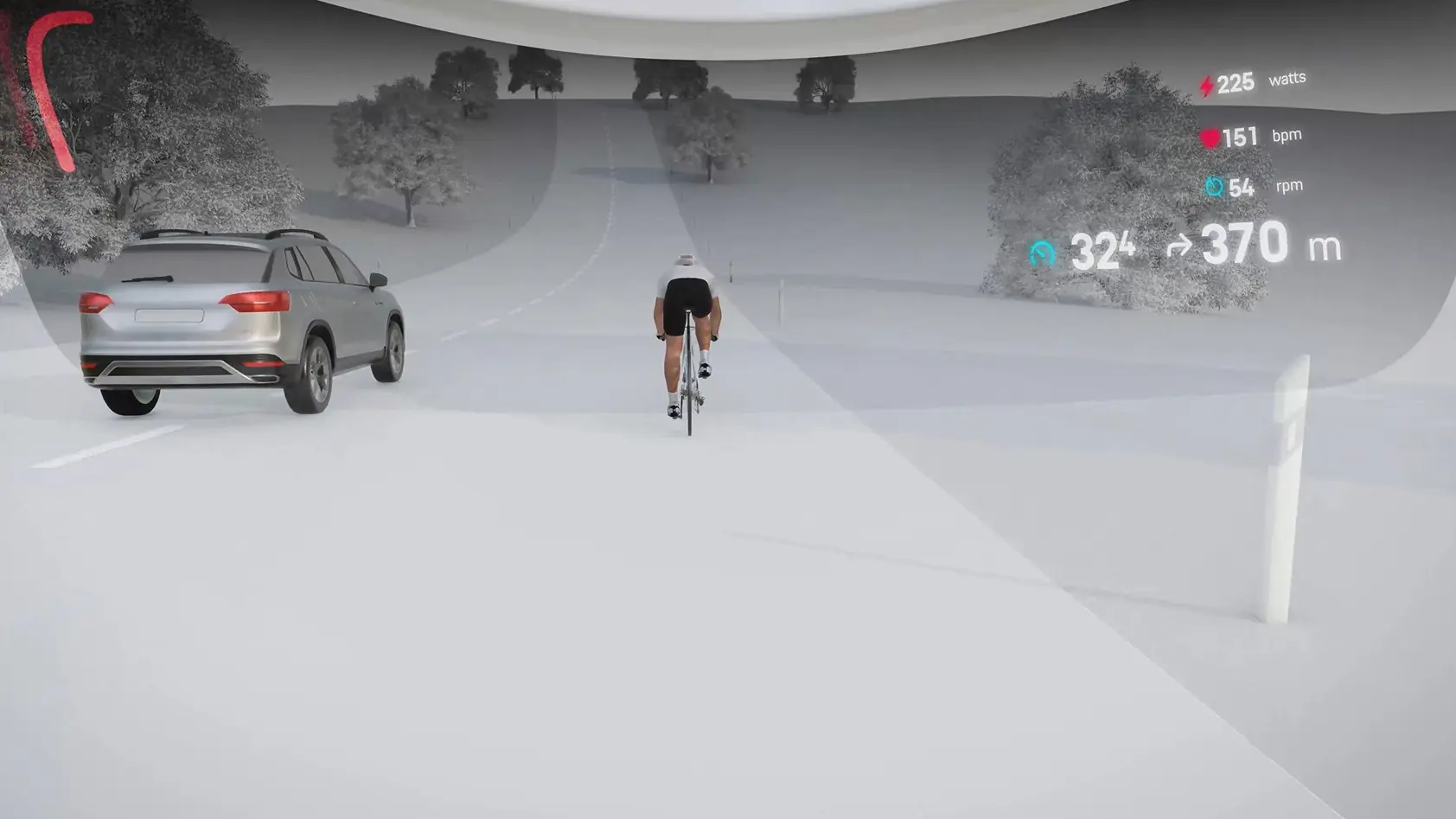 Vue simulée d'une route avec alertes et données de performance affichées dans le champ de vision par le casque Canyon Stingr Smart