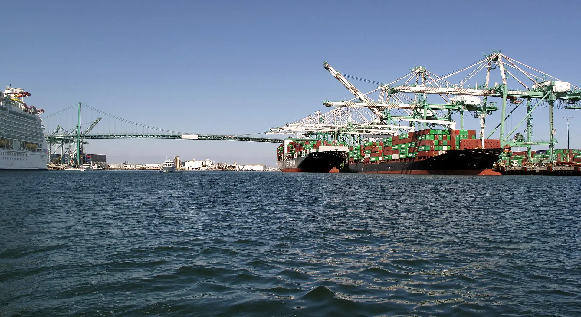 View of the Port of Los Angeles with container ships being loaded and unloaded
