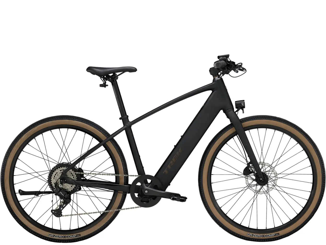 Le vélo électrique Trek FX plus 1 All Road, de profil, cadre noir