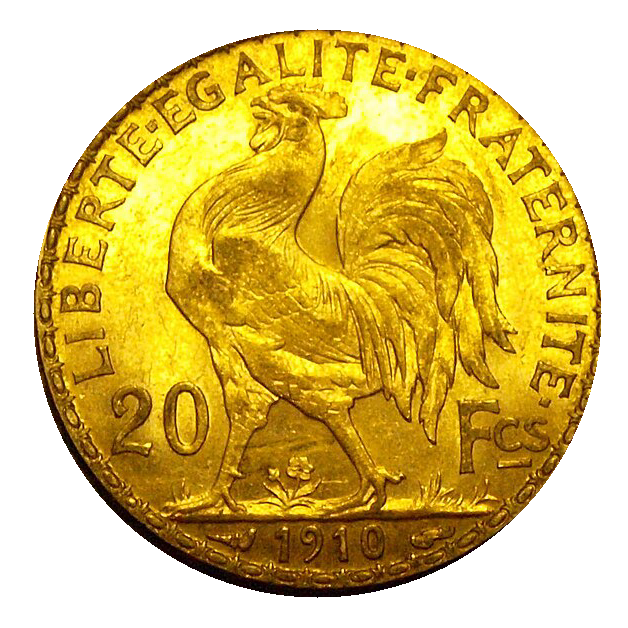 Reverse of a 20-franc gold coin (rooster, 20 Fcs, 1910)