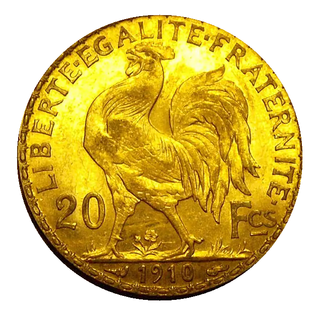 Reverse of a 20-franc gold coin (rooster, 20 Fcs, 1910)