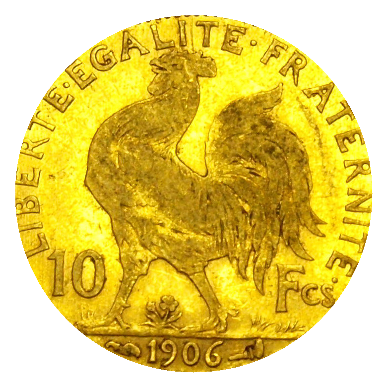 Reverse of a 10-franc gold coin (rooster, 10 Fcs, 1906)