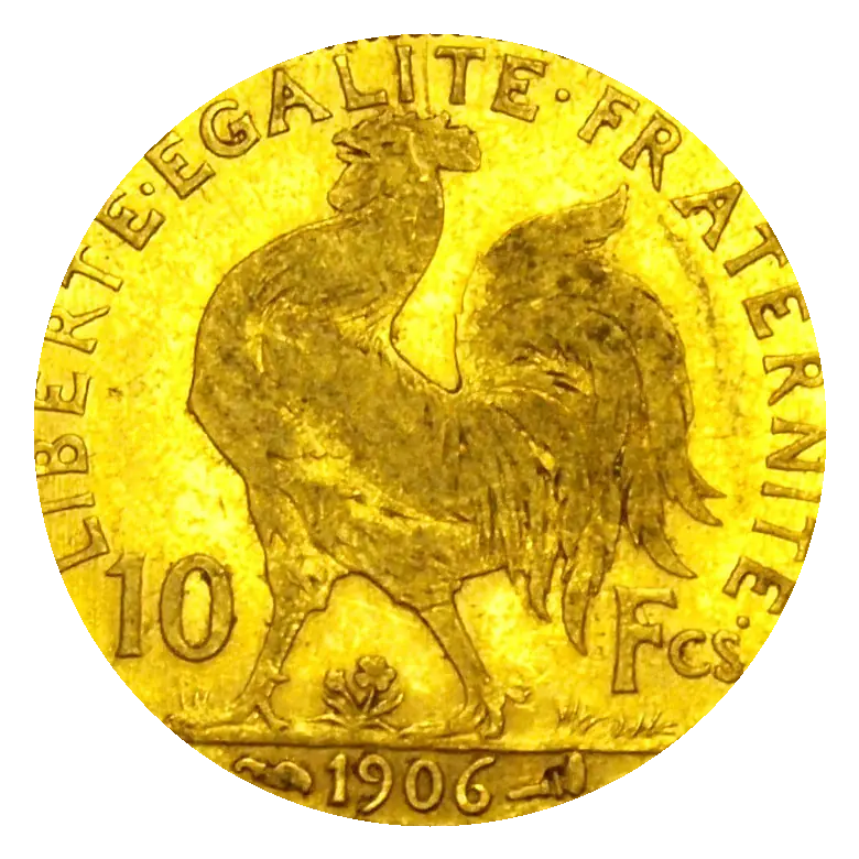 Reverse of a 10-franc gold coin (rooster, 10 Fcs, 1906)