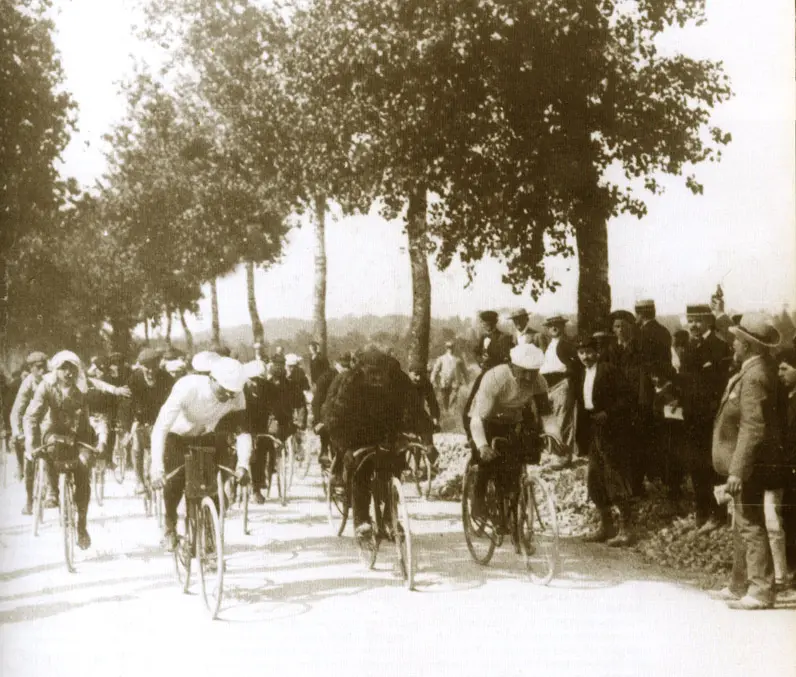 The pack of the first Tour de France on a tree-lined road, July 1903