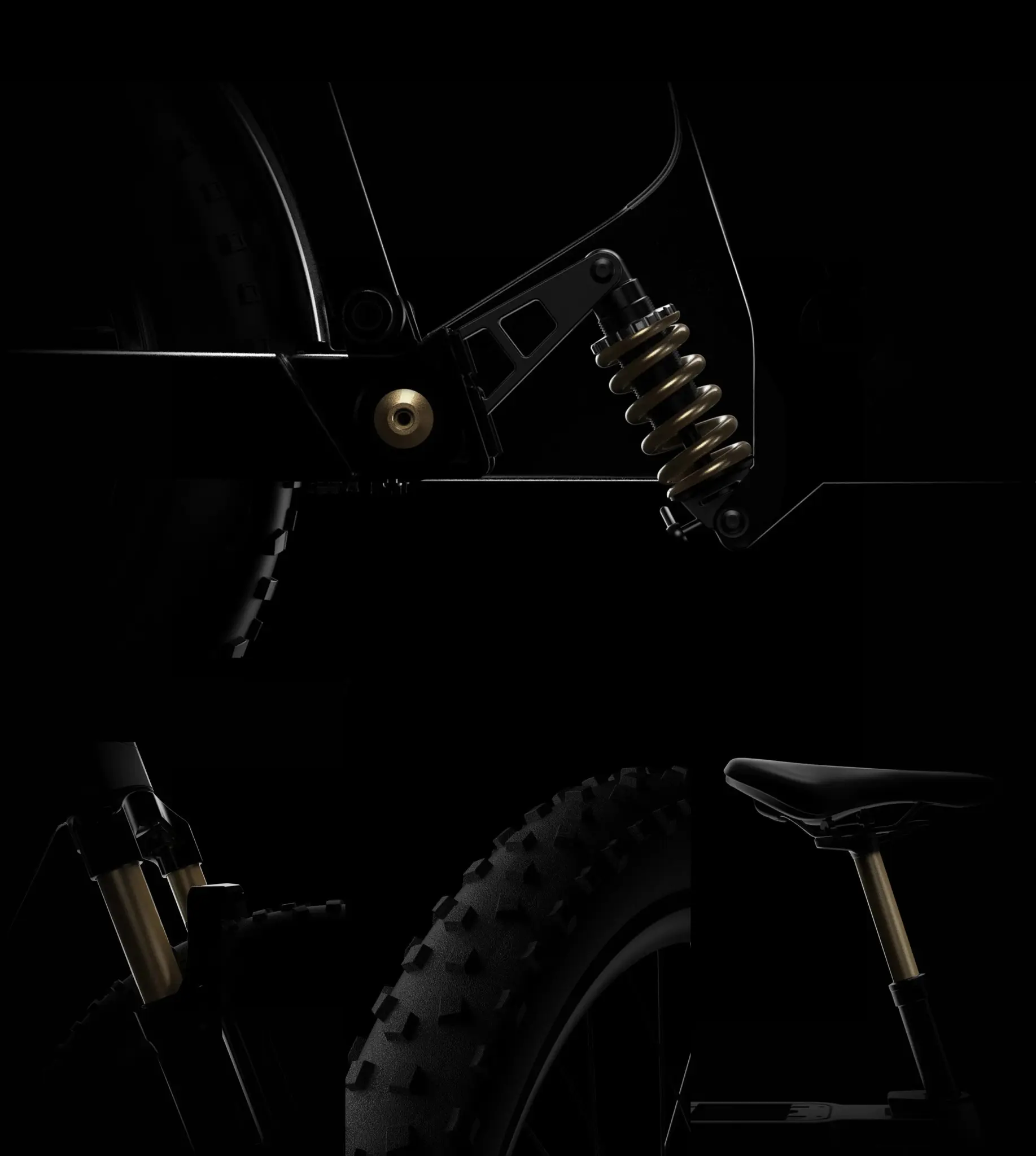 Coil shock, telescopic fork, knobbly tyre and seatpost of the Lemmo 3 APV