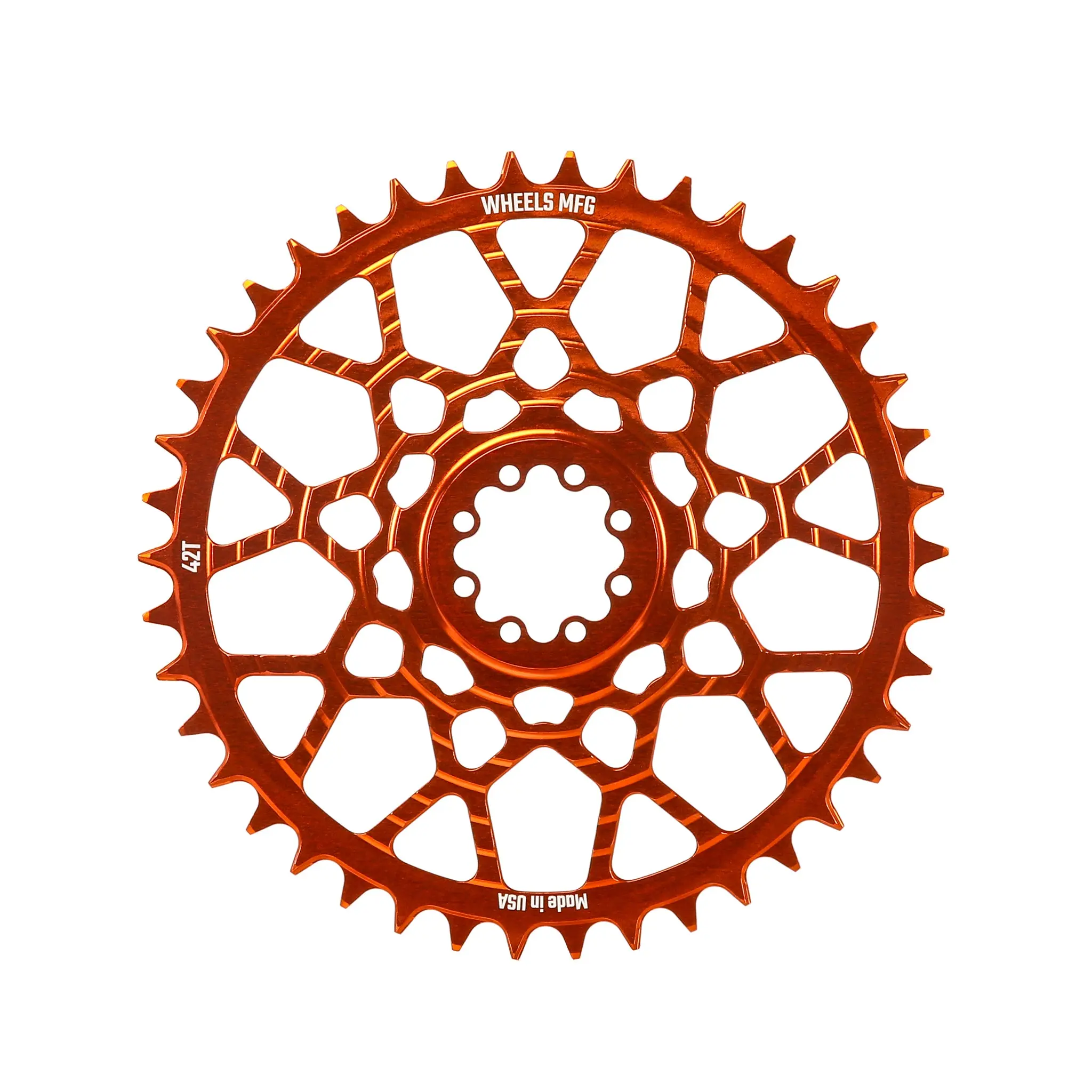 Plateau gravel Wheels Manufacturing de 42 dents en anodisation orange, avec ses huit trous de fixation directe