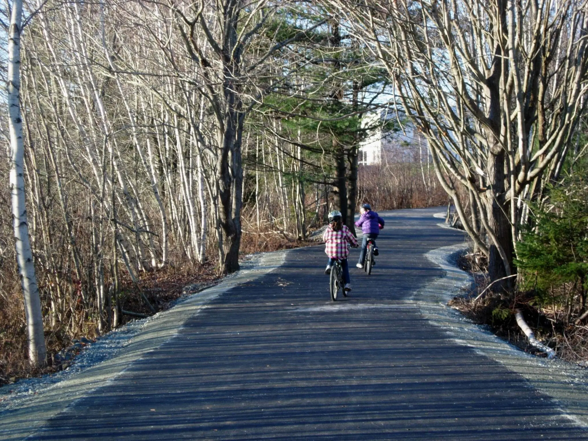 Two children cycling on a greenway, the kind of traffic-free route that school cycling programmes aim for