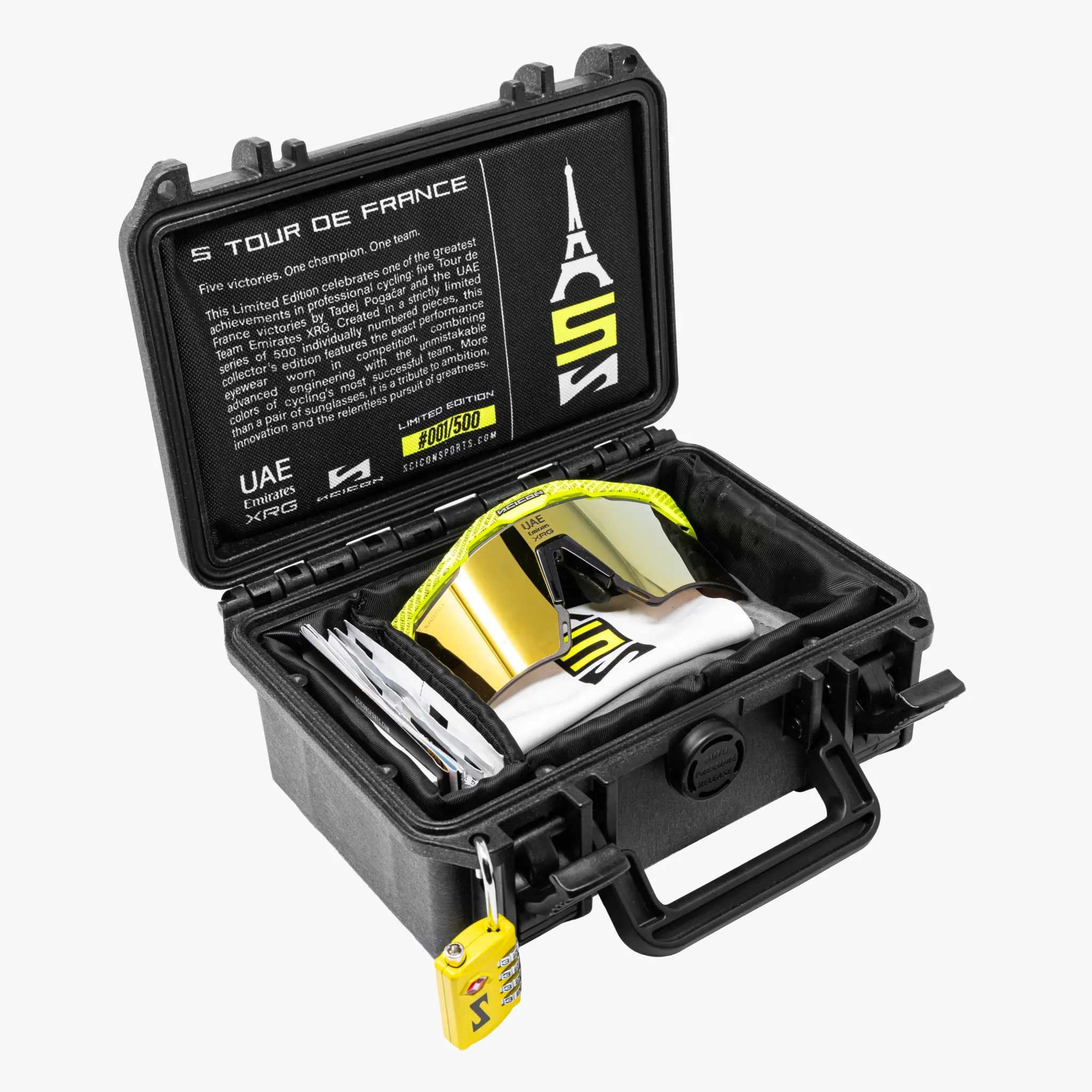 Le coffret commémoratif ouvert des Scicon Aeroshade 2.0 Titanium 5 Tour, avec ses lentilles de rechange