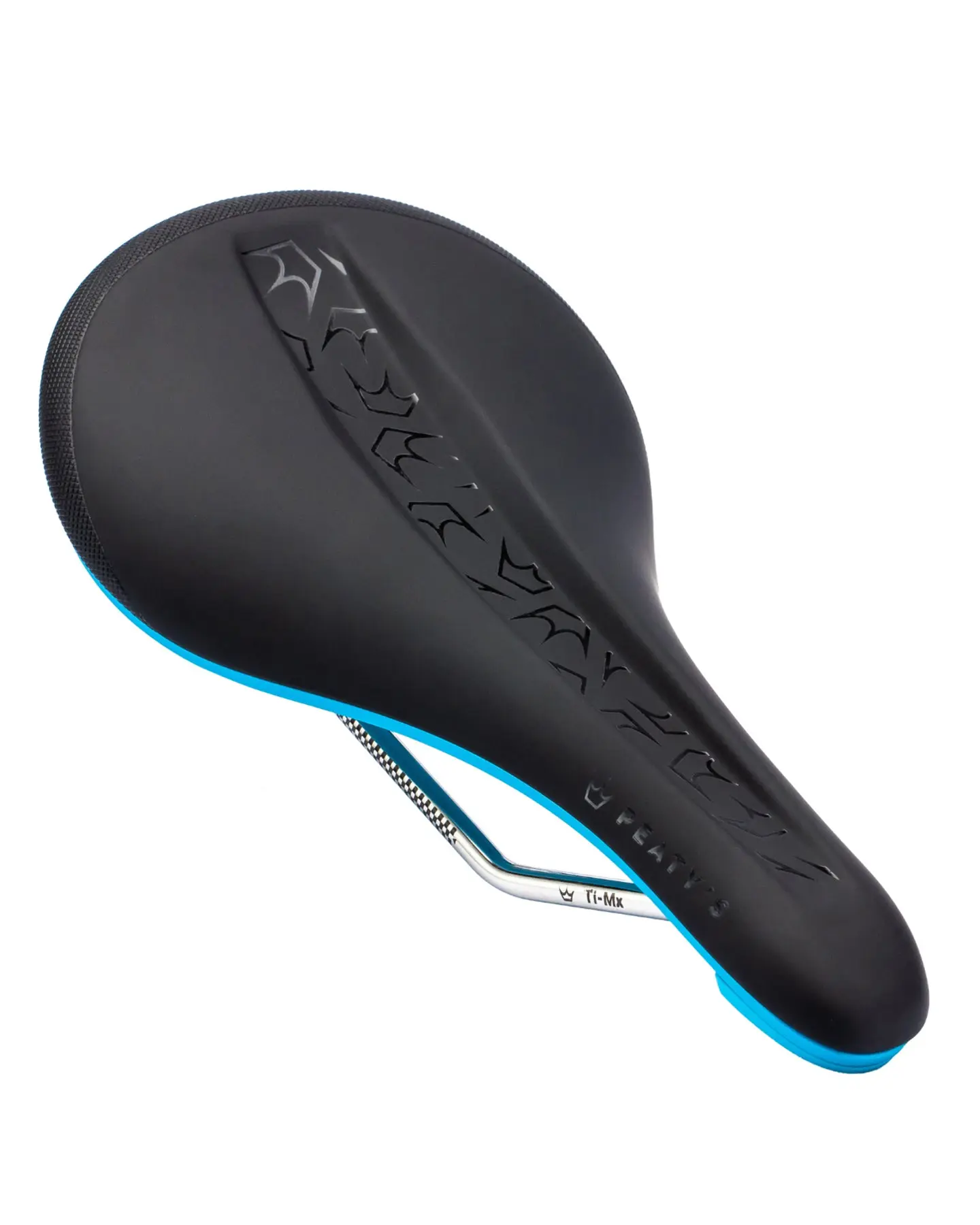 The Peaty's Monarch saddle in the turquoise titanium version