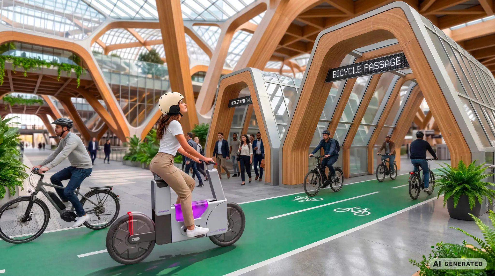 Visuel de concept généré par IA : cyclistes dans une gare à charpente bois, dont une sur le vélo compact du concept, devant un passage vélo