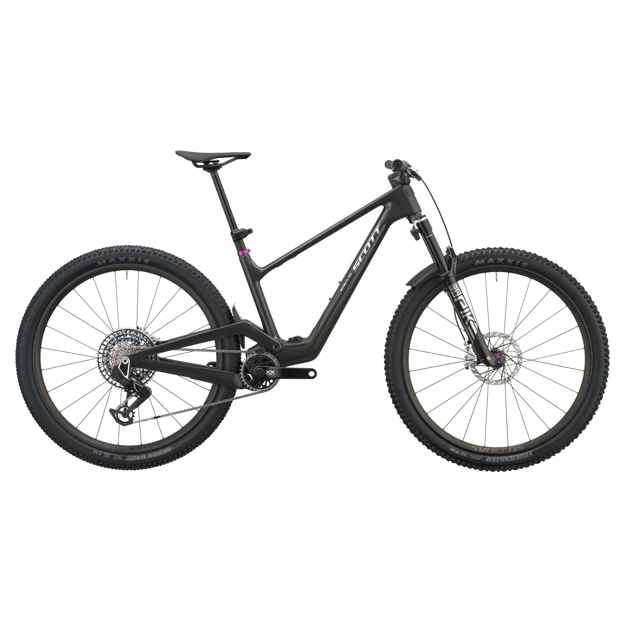 Scott Spark DC Factory full-suspension mountain bike in black carbon, side view, fitted with Maxxis tyres and a single chainring drivetrain