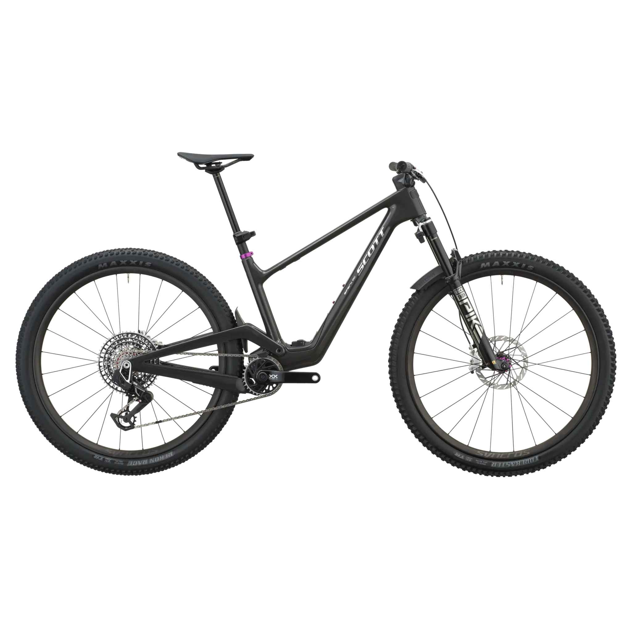 Scott Spark DC Factory full-suspension mountain bike in black carbon, side view, fitted with Maxxis tyres and a single chainring drivetrain