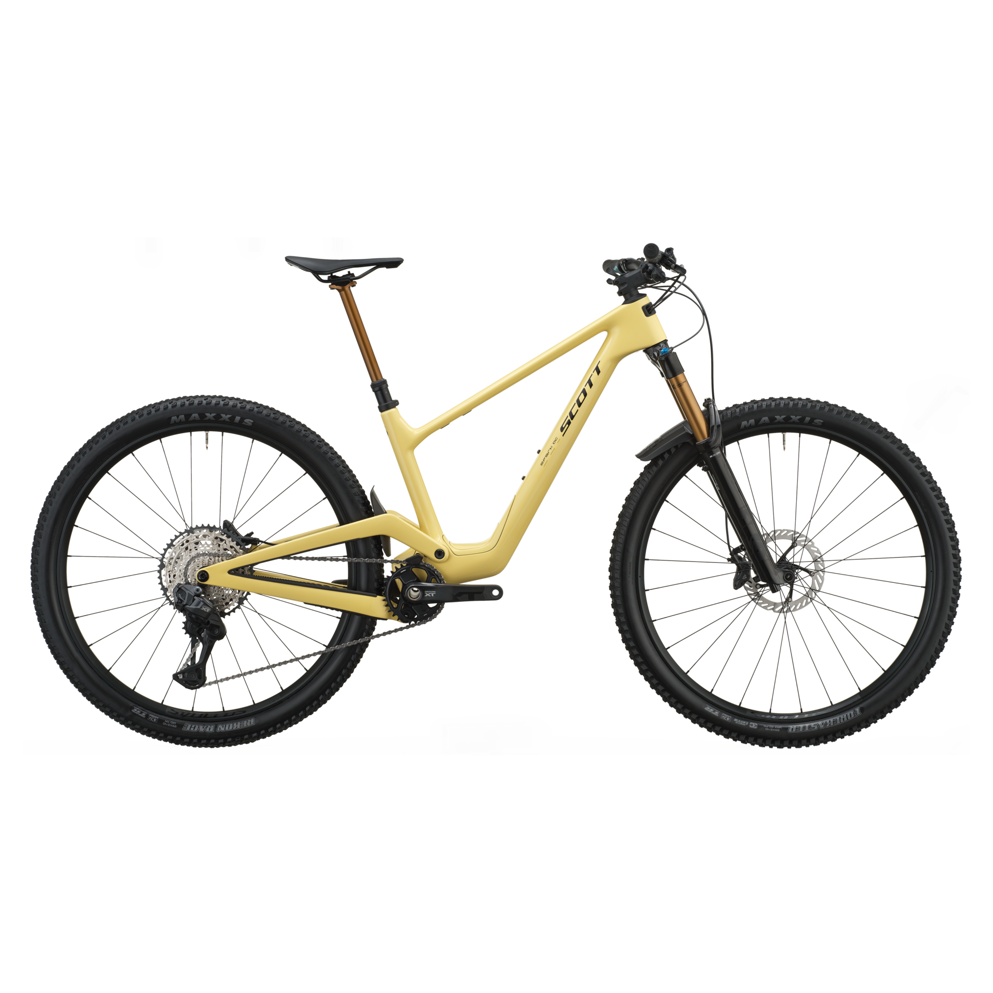 Scott Spark DC 20 full-suspension mountain bike in a sand-yellow finish, side view, with a Fox fork and a single chainring drivetrain