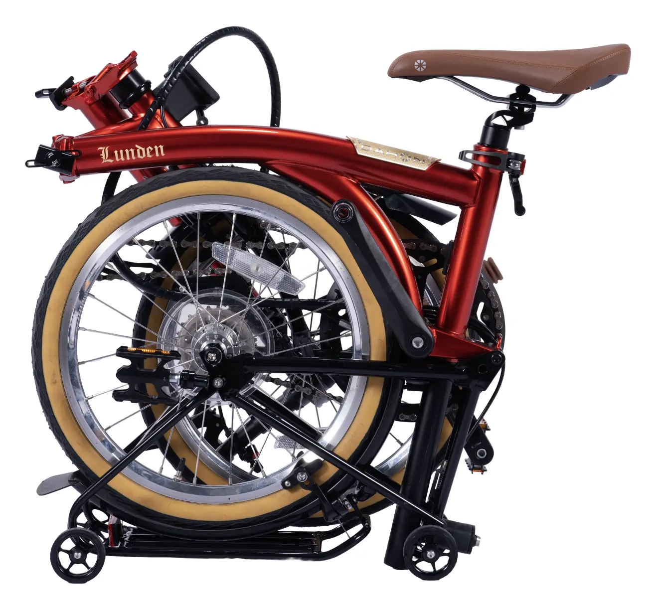 The same red Dahon Lunden folding bike once folded in on itself, compact, resting on its rollers