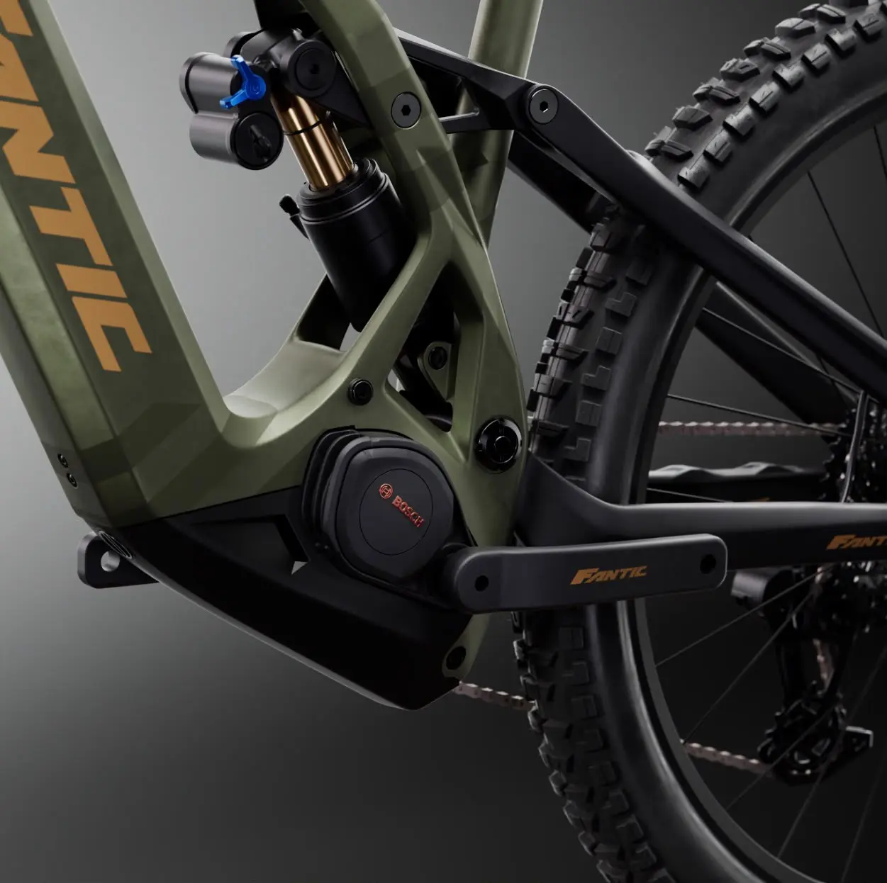 Close-up of the Bosch Performance Line CX motor and the shock on the Fantic Rhapsody