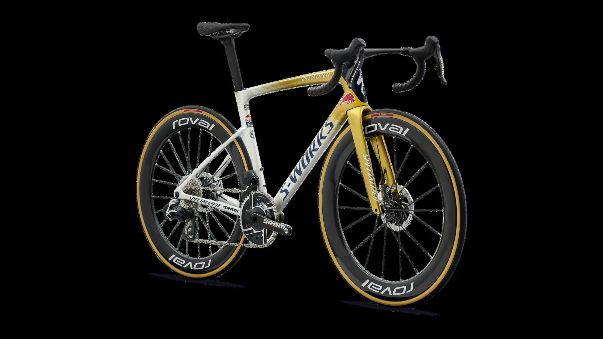 Specialized S-Works Tarmac SL9 Remco LTD seen from the front three-quarter, gold fork and SRAM drivetrain