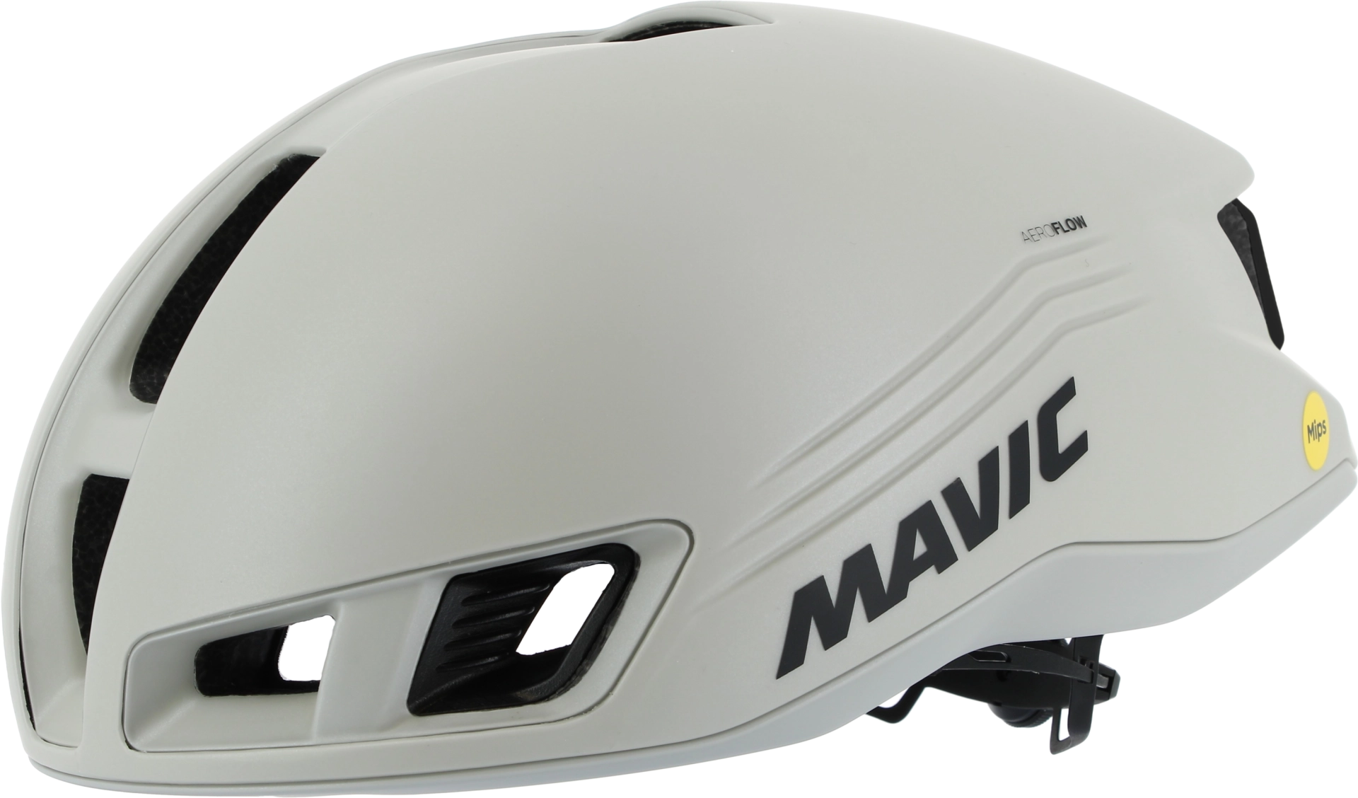 Casque Mavic Comete Ultimate gris clair vu de trois-quarts, pastille Mips sur le côté