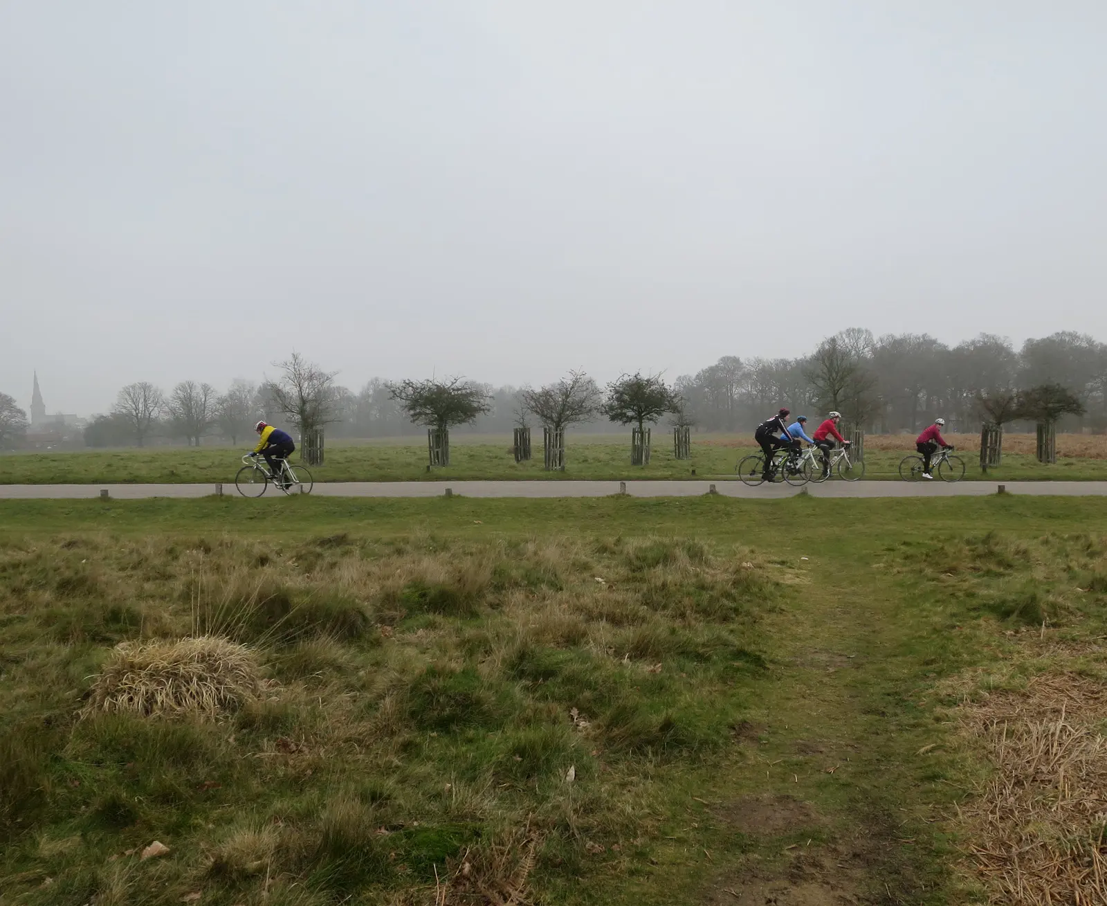 Un groupe de cyclistes roule sur la route de Richmond Park par temps de brume, un autre cycliste circule en sens inverse