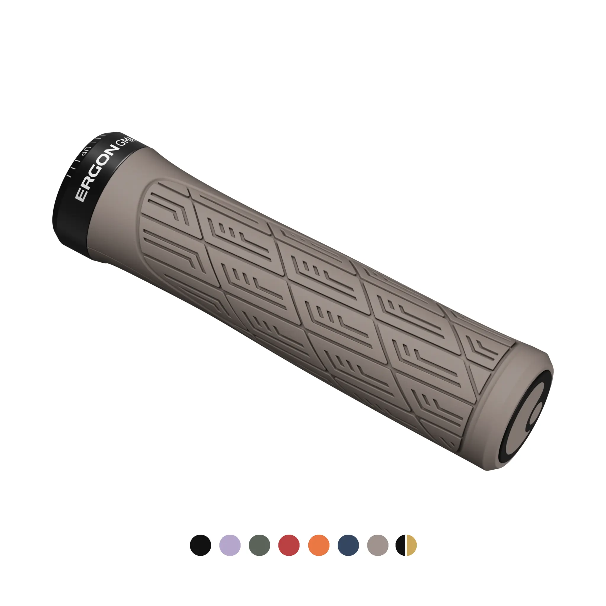 Taupe Ergon GMA grip, one of the brand's two new MTB grips, cylindrical in shape, shown with its colour swatch