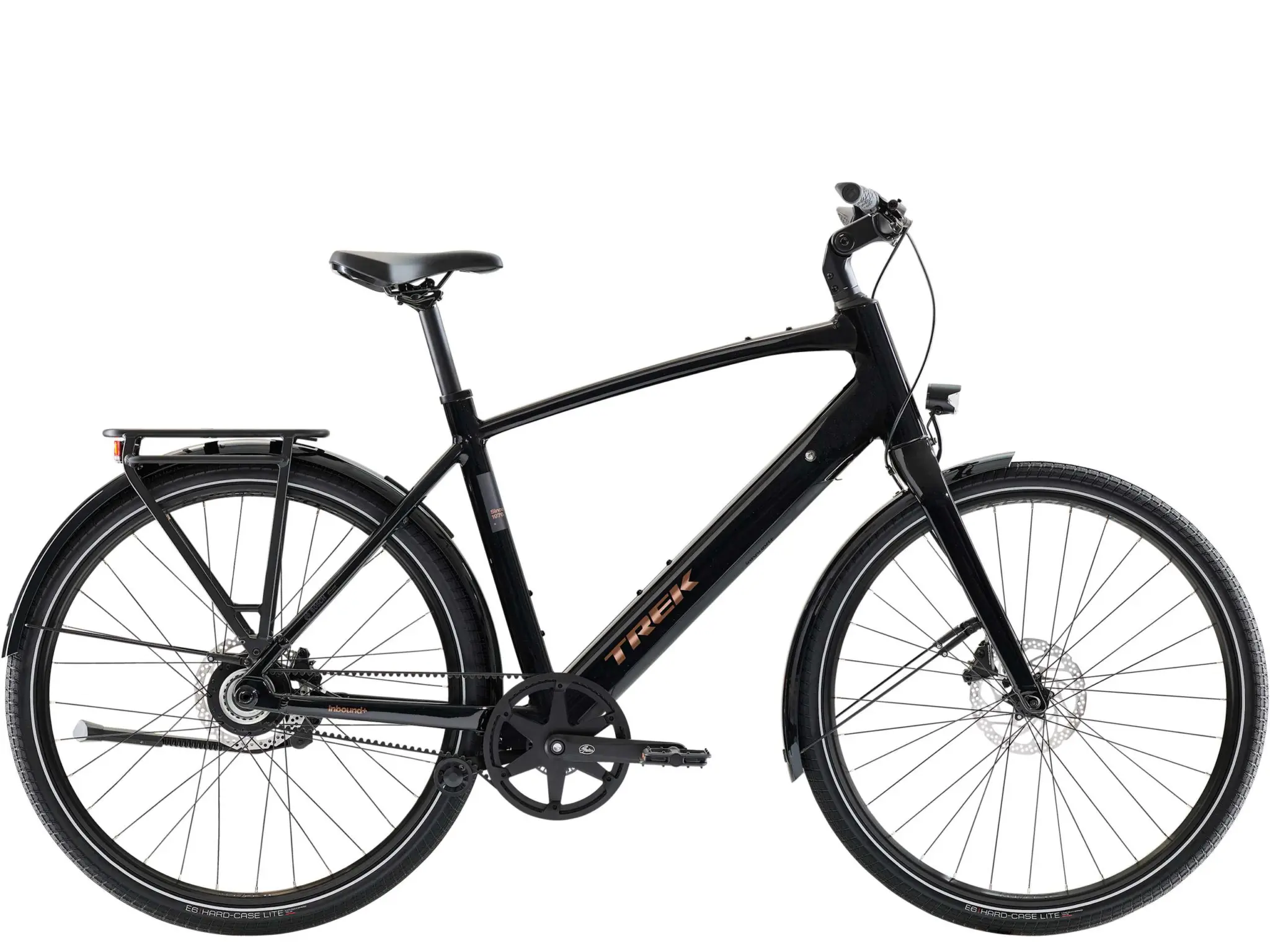 Black Trek Inbound+ 2 B SO with a stepover frame, belt-driven single-speed, with mudguards and a rack