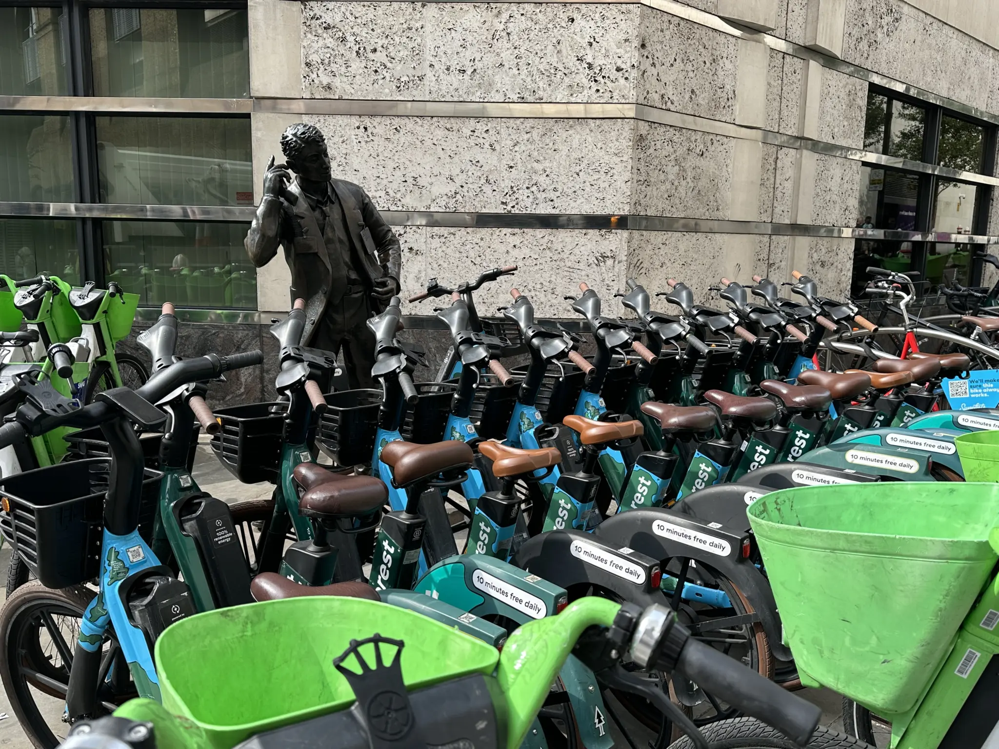 Forest dockless electric bikes on a London street