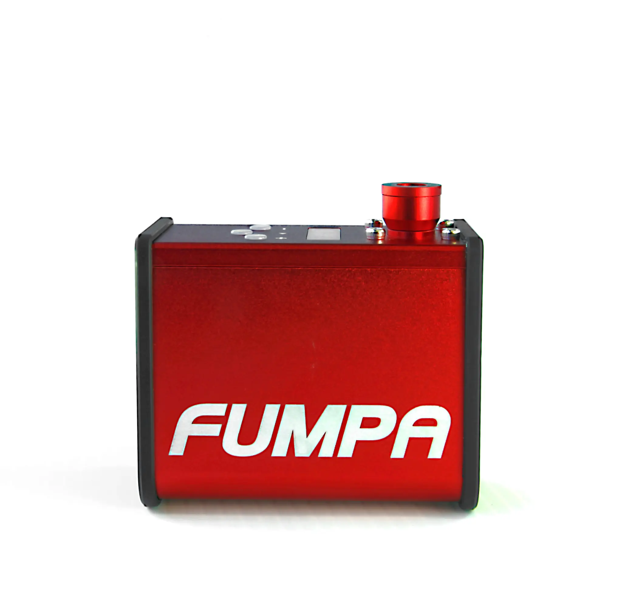 Gonfleur électrique Fumpa Pro rouge, posé sur fond blanc, avec son écran de pression et son raccord de valve