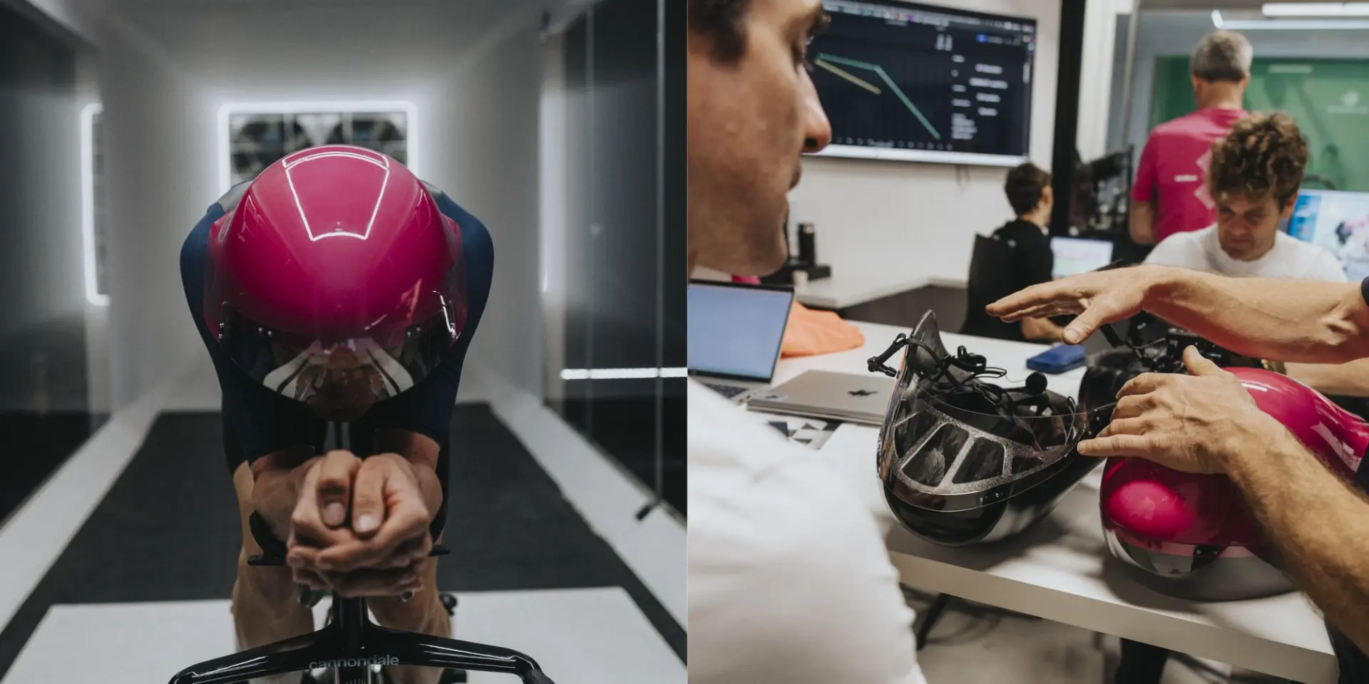 Un coureur en position de contre-la-montre en soufflerie et des ingénieurs autour de prototypes de casques pendant le développement du POC Sonal