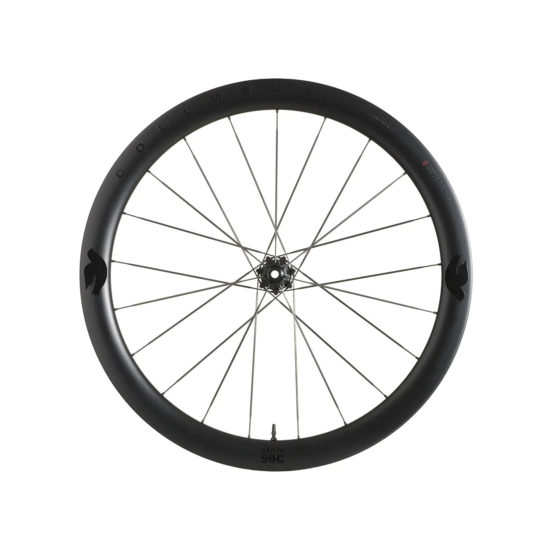 Cento 50C, l'une des quatre roues carbone Columbus, à jante de 50 mm et moyeu aluminium