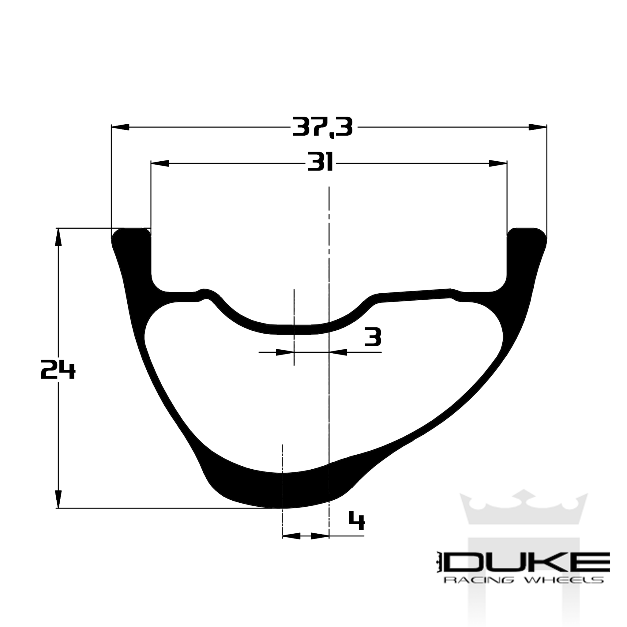 Schéma technique coté de la section d'une jante DUKE Lucky Jack SLS5, montrant son profil et ses largeurs interne et externe