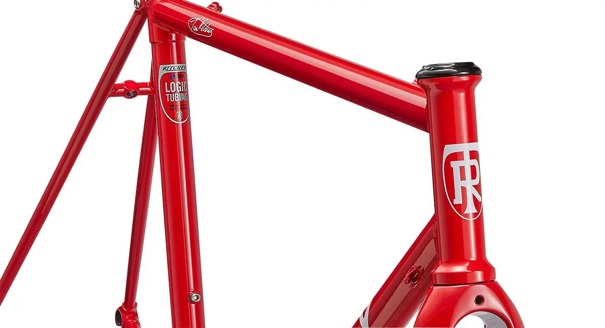 Detail of the signed top tube and head tube of the red Ritchey Road Logic