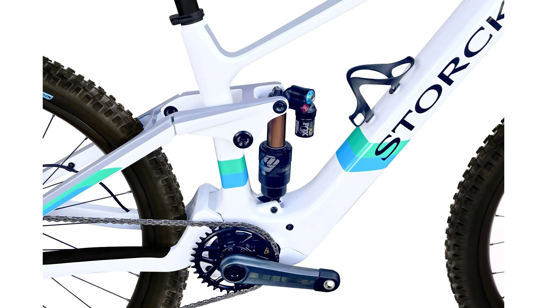 Close-up of the carbon rear triangle and shock on the Storck e:DRENALIN.3 M2S