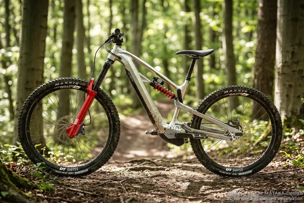 Alutech ePelmo X1P Enduro 29 Launch Edition in profile, raw aluminium frame, red coil shock (computer-generated image)