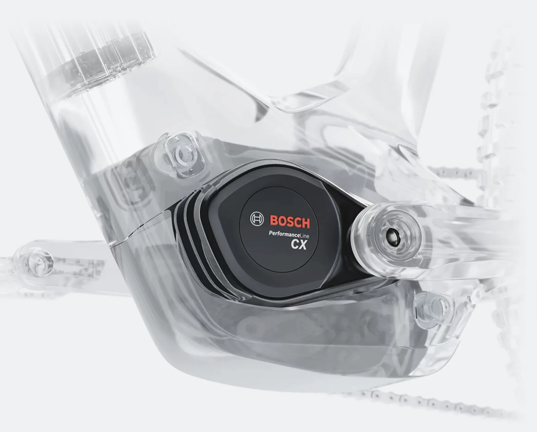 Moteur pedalier Bosch Performance Line CX, cadre represente en transparence autour du bloc moteur.
