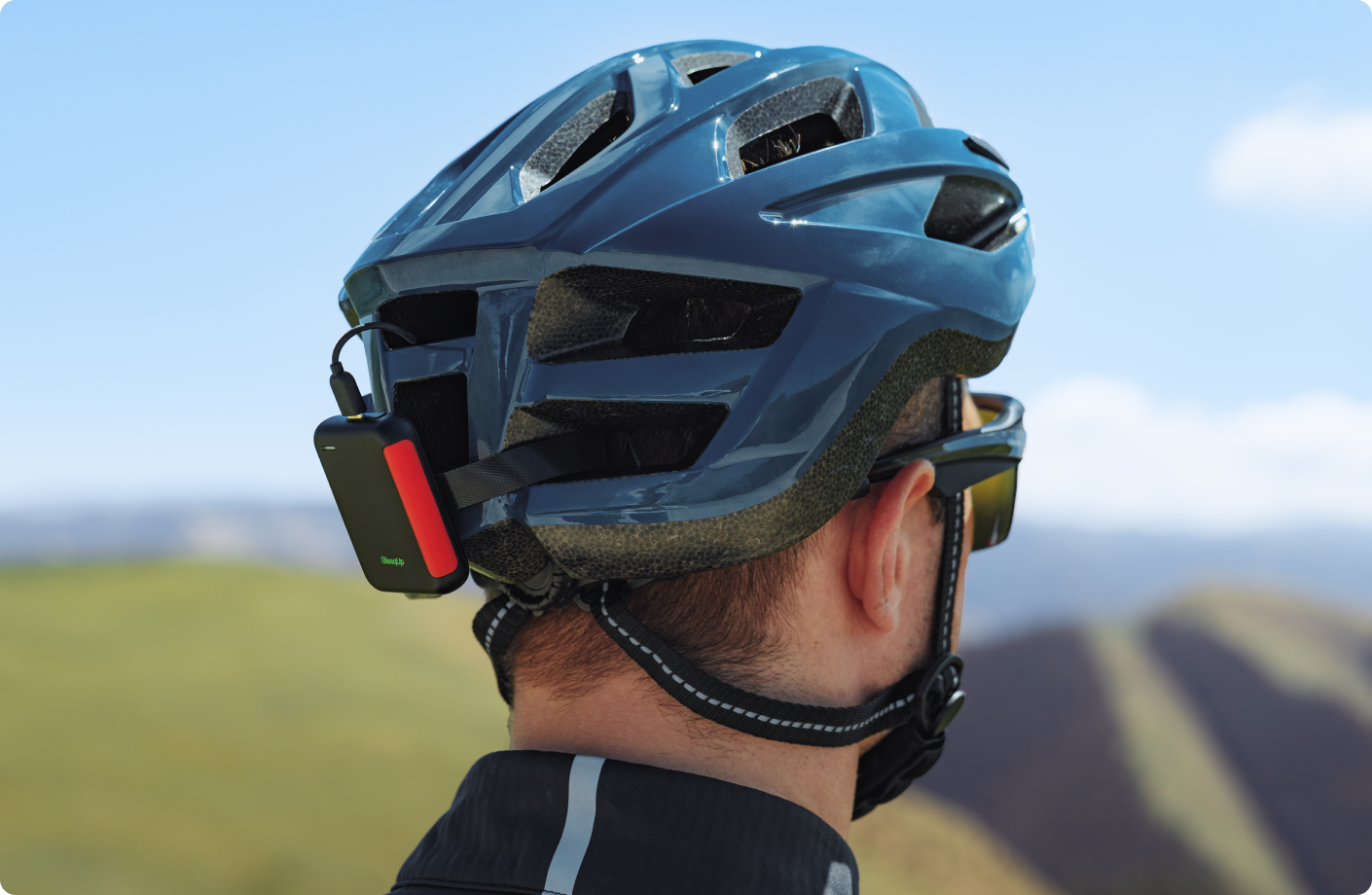 The BleeqUp Rover Power Plus add-on battery mounted on a helmet