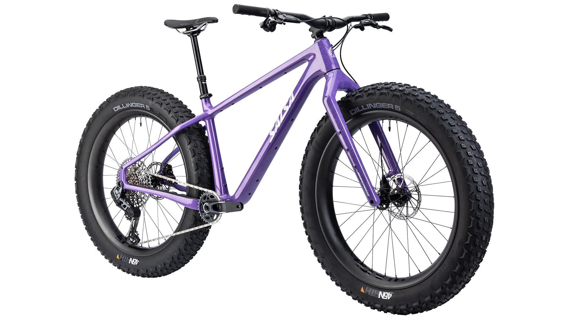 Fat bike Salsa Beargrease vu de trois quarts avant, fourche carbone Bearpaw rigide