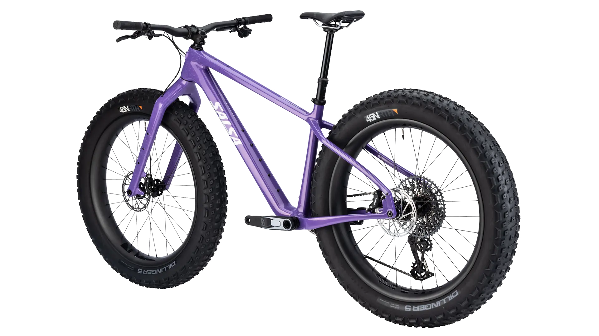 Fat bike Salsa Beargrease vu de trois quarts arrière, transmission SRAM GX Eagle et tige de selle télescopique