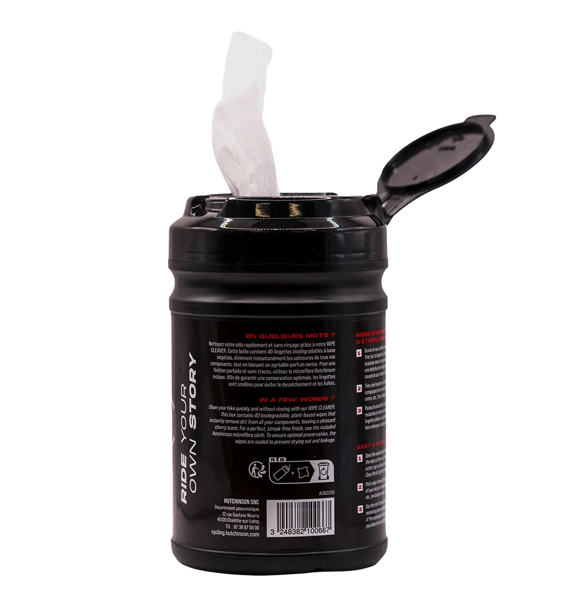 Boîte noire de lingettes Hutchinson Wipe Cleaner ouverte, une lingette blanche qui dépasse