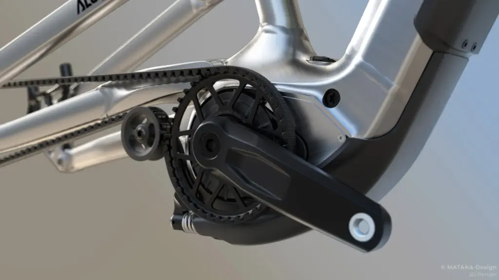 Gobao X1P motor on the Alutech ePelmo X1P with Gates belt and integrated tensioner (computer-generated image)