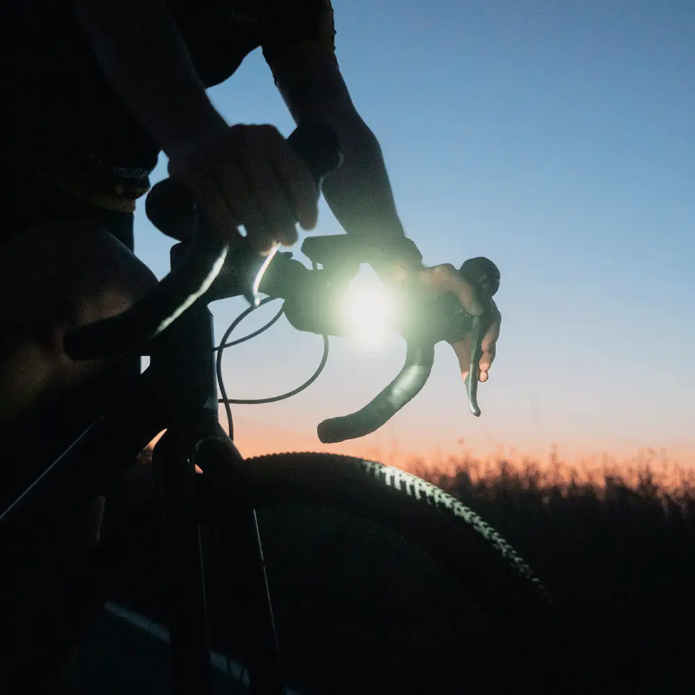 Busch und Müller IXON Core 2 bike light switched on at dusk