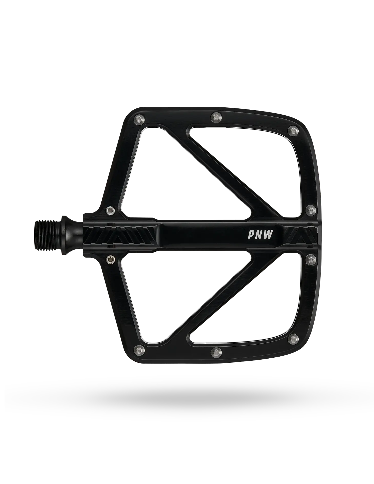 Black PNW Loam Gen 3 flat pedal seen from above, threaded axle on the left