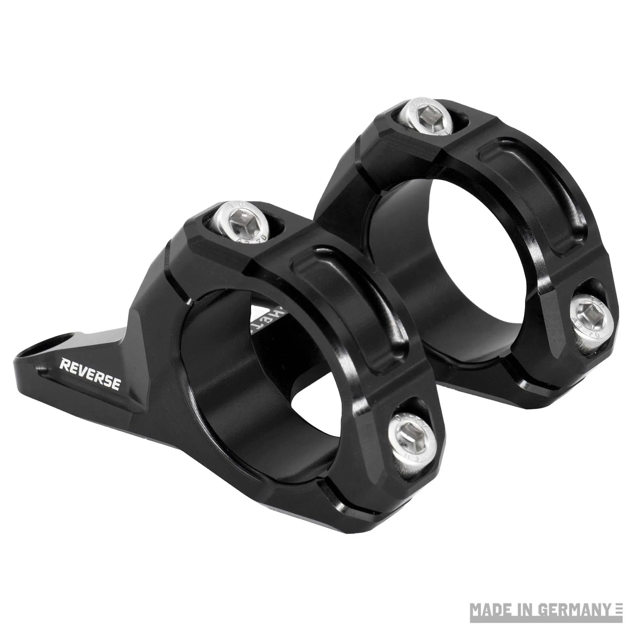 Potence Reverse Machete Direct Mount 50 noire en vue de trois quarts, logo Reverse sur le pied
