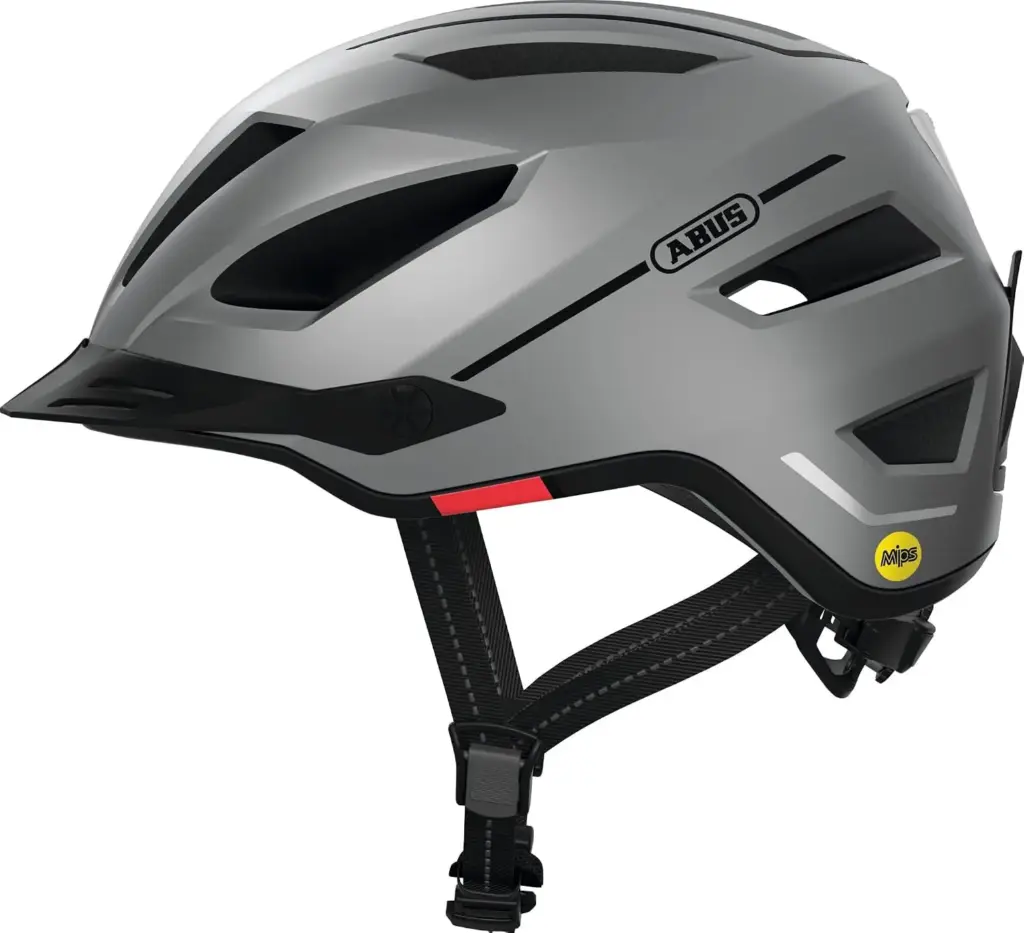 Le casque Abus Pedelec 2.0 MIPS argent, avec sa visière et son feu arrière