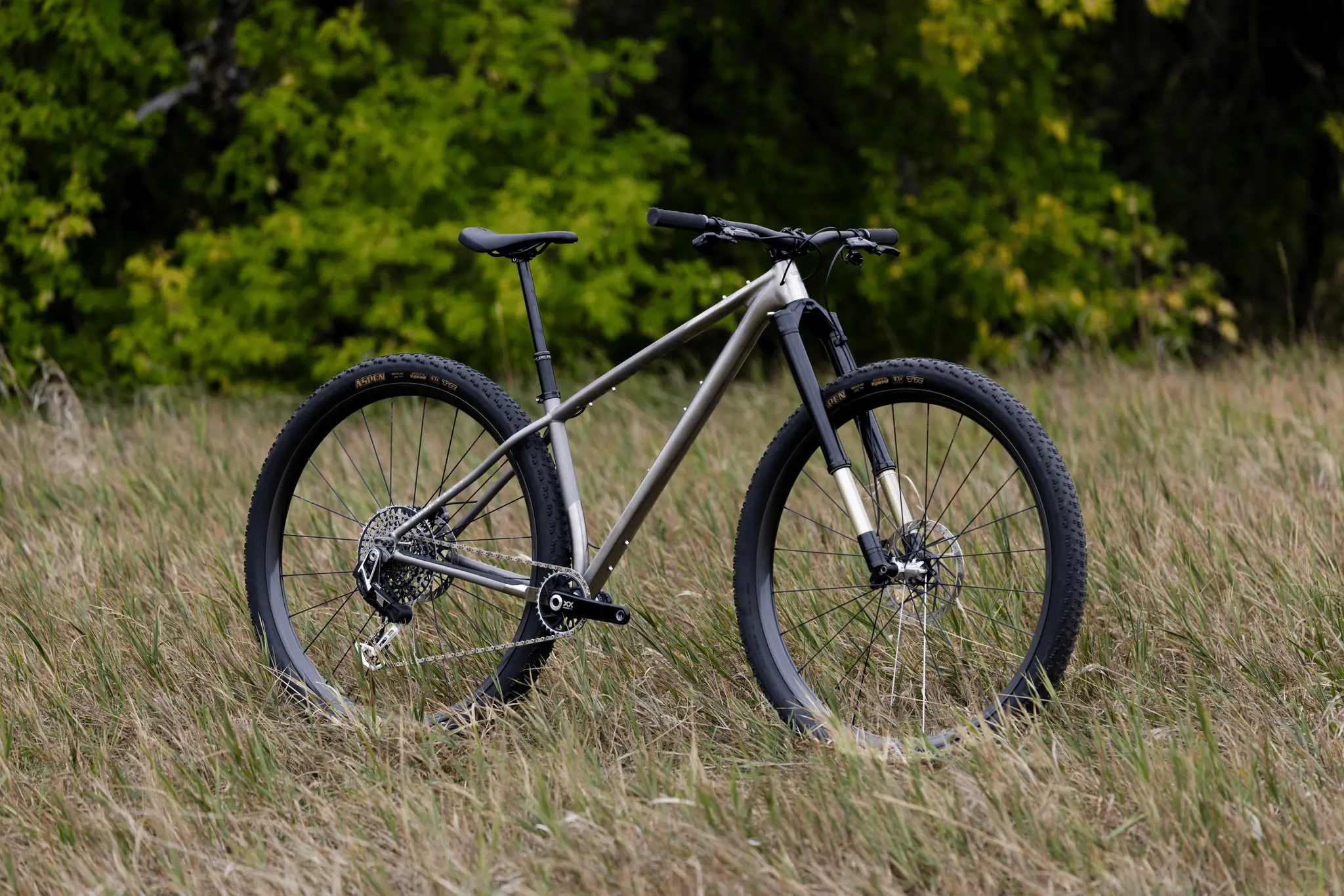 The Revel El Jefe Grande in raw titanium, seen from the front three-quarter in the grass, with suspension fork and 32-inch wheels