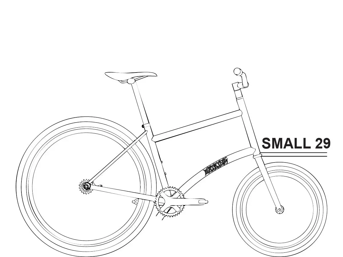 Side-view line drawing of the RatKing Chull in size Small with a 29-inch rear wheel and small front wheel