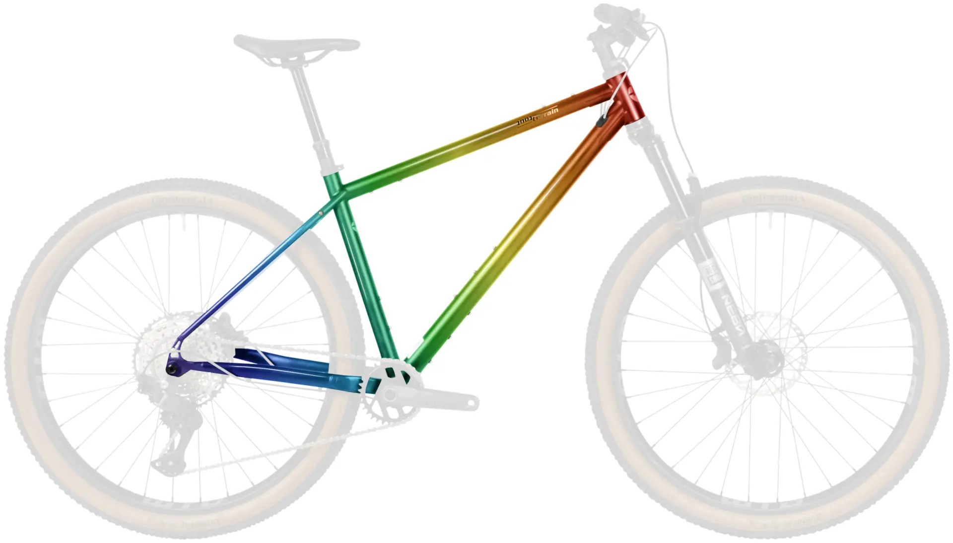 Tout Terrain Catalina frame painted in a rainbow fade, with the rest of the bike drawn in outline