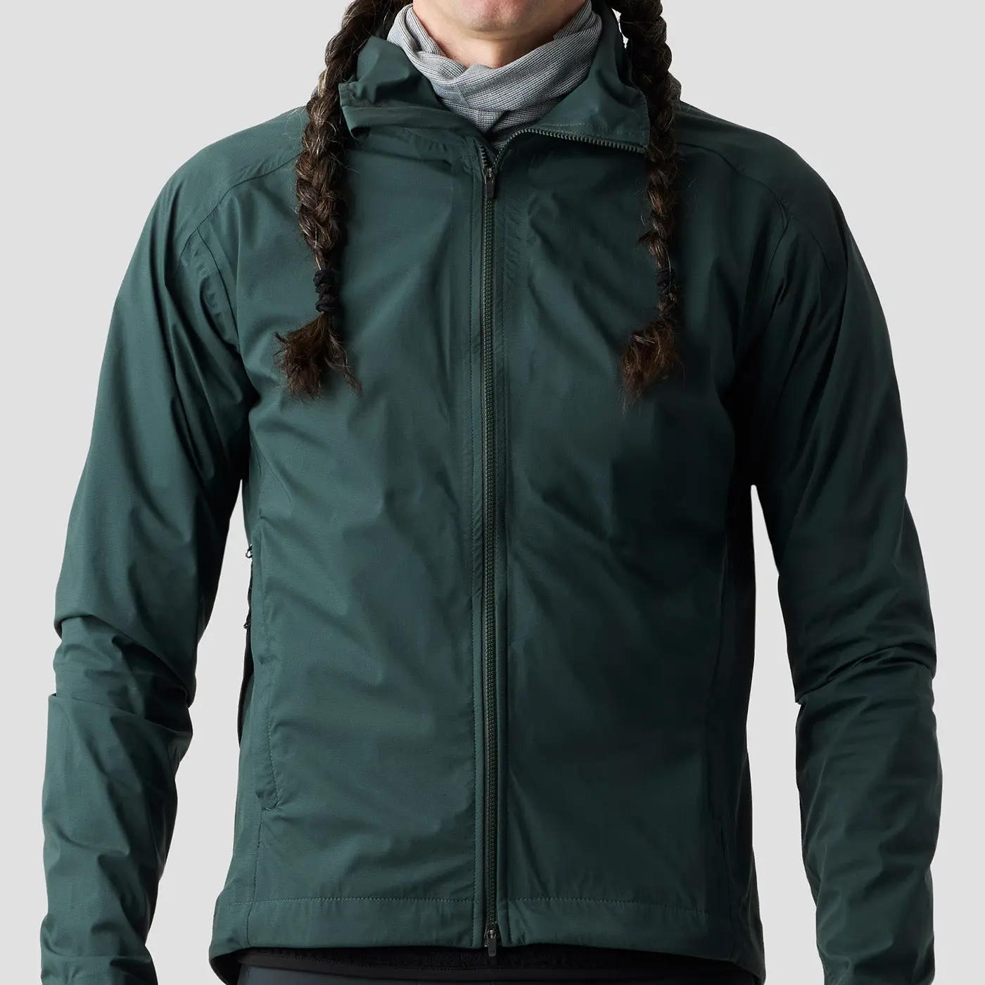 Dark green Ornot Fog Eater jacket in Stone Green worn zipped up, front view