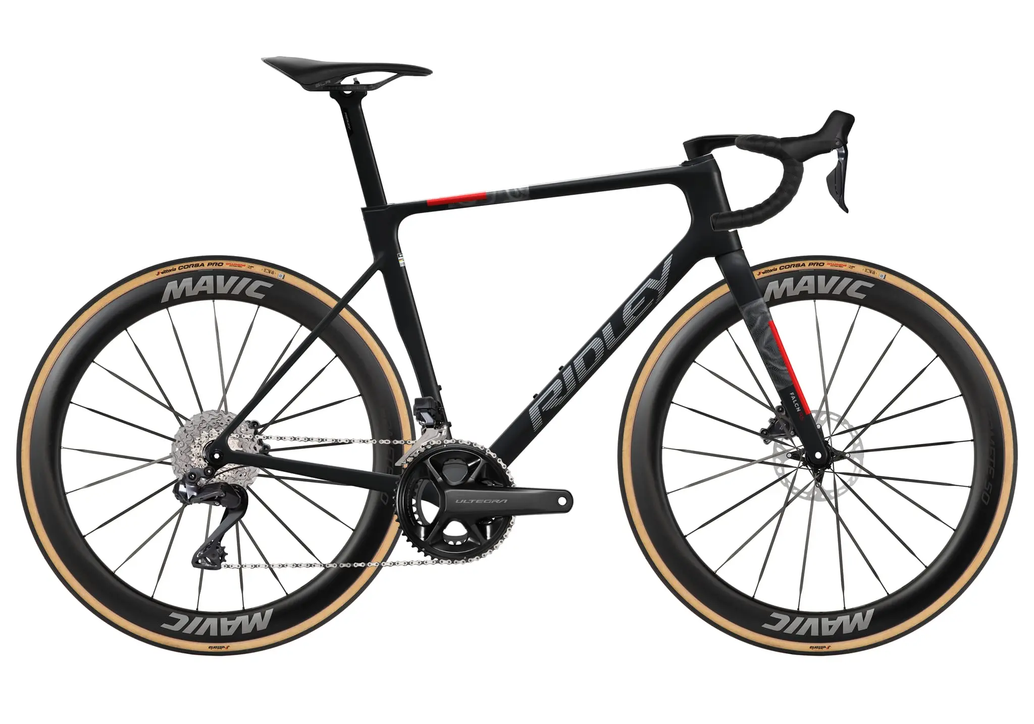Vélo de route Ridley Falcn RS 2.0 noir à touches rouges, en Shimano Ultegra Di2 et roues Mavic, vu de profil