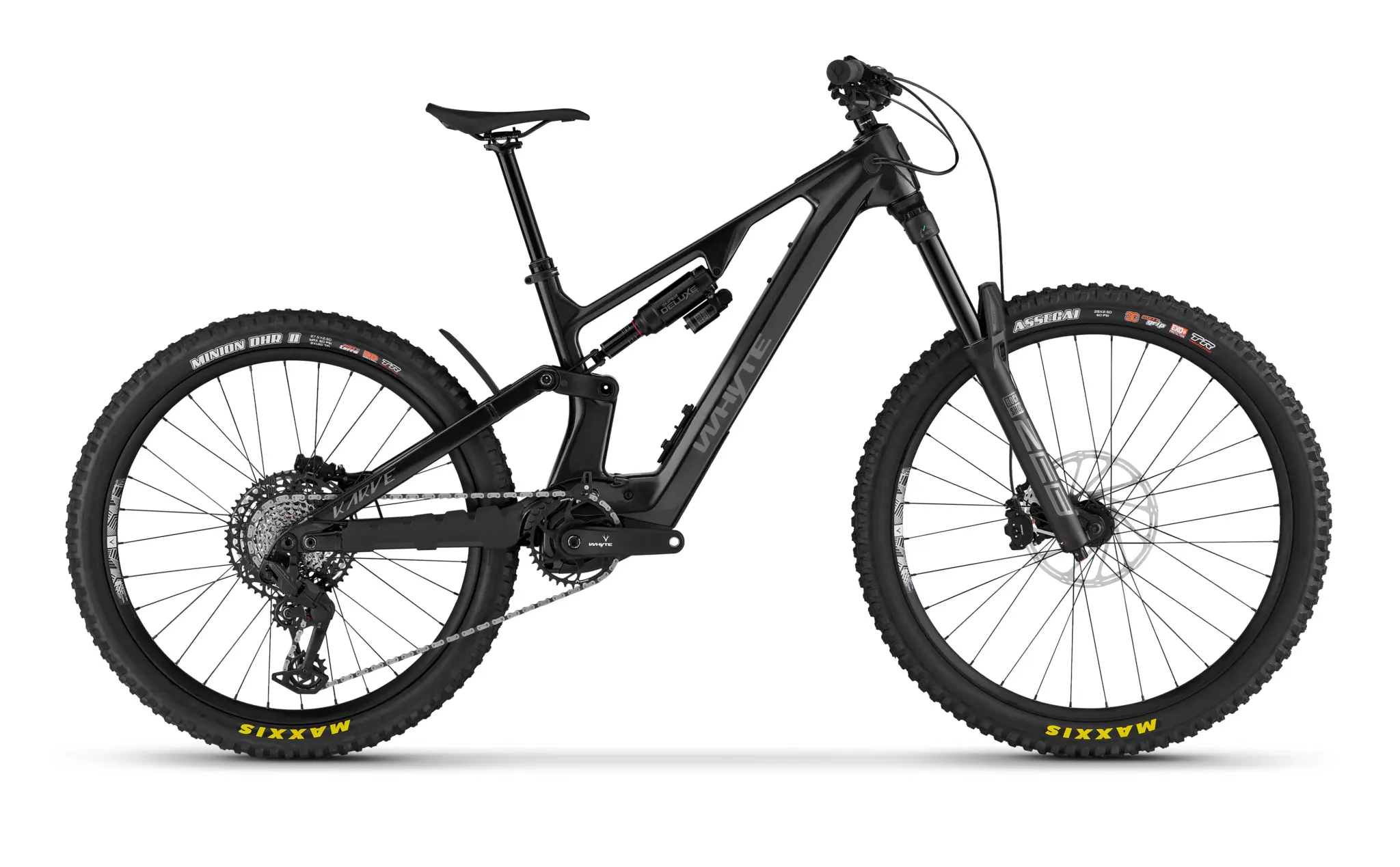 Le VTT électrique Whyte Karve EVO RS de profil, entièrement noir, roue arrière plus petite