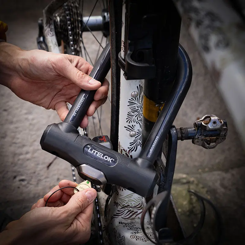 Litelok X3 D-lock locked around a bike frame